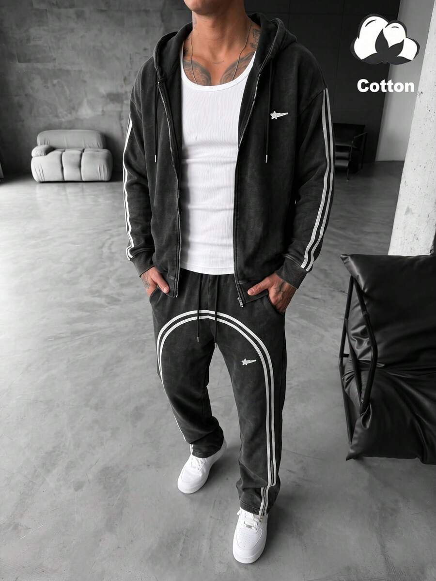 YUNCHIC High Street Washed Distressed Curved Double White Stripe Sports Set Vintage Loose Zipper Hooded Jacket Flared Sweatpants 2 Pieces Set - Black - View 1