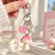 1pc/2pcs Women's Cartoon Flocked Mushroom Pendant With Faux Pearl Beads And Star Charm Keychain, Cute Bag Charm, Wallet Accessory - Multicolor - View 5