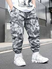 1pc Boys Hip Hop Casual Outdoor Commute Camouflage Cargo Jogger Pants Spring Autumn - Grey - View 1