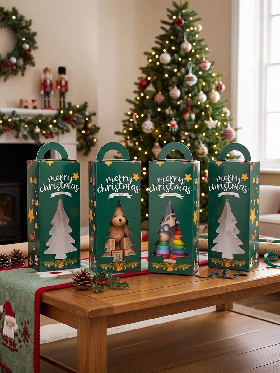 4pcs/Set Christmas Favor Boxes With Handle Centerpieces, Christmas Gift Boxes With Tree Window For Gift, Holiday Treat Boxes For Christmas Party Favors - Multicolor - View 1