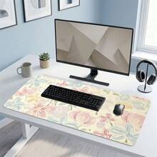1pc Extended Mouse Pad With Brushstroke Watercolor Floral Design, Soft Pink Blue Creamy Watercolor Floral Desk Mat, Waterproof Anti-Slip Keyboard Pad, Girls Desk Decor - Flower 2 - View 4
