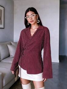 Women's Casual Striped Side Waist Tie Fashion Shirt - Burgundy - View 5