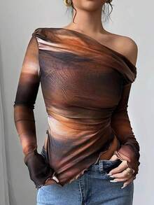 Áo blouse nữ thanh lịch bằng lưới xuyên thấu, tay dài, trễ vai, ôm sát, nhún bèo, họa tiết in, phong cách thời trang thường ngày đi chơi - Cà phê nâu - Xem 3
