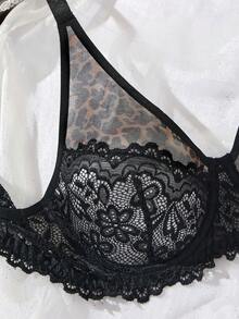 Daily Black Leopard Print Lace Trim Women's Lingerie Set, Comfortable Home Style Super Short Top + Triangle Panty 2-Piece Set - Black - View 4