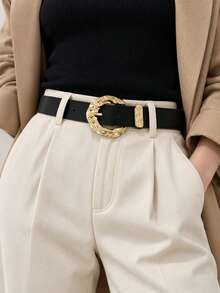 Wavy Asymmetrical Buckle Belt Solid Color Minimalist Versatile Vintage Thin Waist Belt - Black - View 1