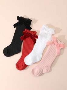 4 Pairs Sweet Cute Solid Color Bow Bubble Cuff High Tube Socks For Baby Girls, Suitable For Daily Wear - Multicolor - View 6
