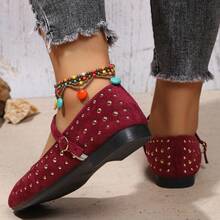 Women's Metal Rivet Decor Solid Color Square Toe Single Strap Flat Mary Jane Shoes, Retro Daily Spring/Summer Red Faux Leather Low Vamp Pumps - Burgundy - View 5