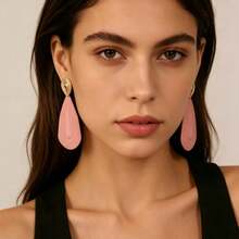 Gold Textured Stud Earrings With Light Blue Teardrop Long Dangle, Concentric Circle Pattern Matte Exaggerated Drop Earrings For Women - Multicolor - View 4