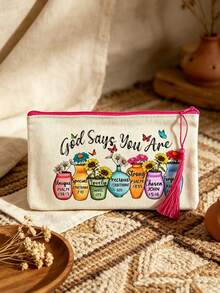 Canvas Zipper Makeup Bag, Printed With God's Blessing Message Pattern, Vase Flower Butterfly Pattern, Paired With Tassels, Can Be Used As Toiletry Bag,Travel Storage Bag,Stationery Bag,Reusable Cosmetic Organizer, Print Toiletry , A Gift From God - Multicolor - View 3