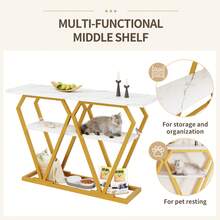 120*29.5*80cm Console Table, White Marble-Look Hallway Table With Gold Metal Legs, Narrow Entryway Table With Open Storage Shelf For Living Room, Dining Room & Balcony - White - View 6