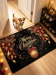 1pc Black & Gold Merry Christmas Welcome Doormat, Small Rug, Welcome Mat, Carpet, Floor Mat, Outdoor Doormat, Kitchen Rug, Home Decor, Front Door Mat, Area Rug, Outdoor Mat, Home Decor, Area Carpet, Garden Rug, Washable Carpet - Multicolor - View 1