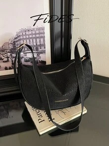 時尚新款女款斜挎包，純色極簡 PU 條紋設計，適合約會、購物，百搭精緻手提包 - 黑色 - 查看 3