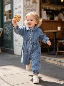 1pc Baby Girl Casual Heart Pocket Decor Elastic Cuff & Hem Romper, Autumn - Blue - View 1