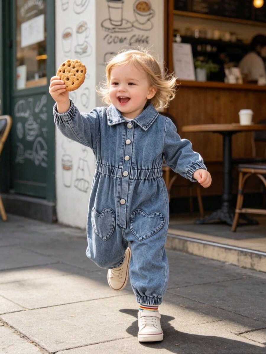 1pc Baby Girl Casual Heart Pocket Decor Elastic Cuff & Hem Romper, Autumn - Blue - View 1