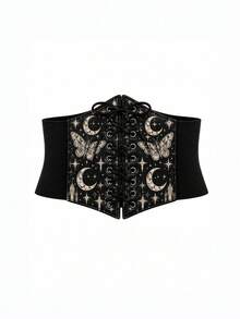 1 chiếc đai thắt eo co giãn in họa tiết ngẫu nhiên bướm đêm ánh trăng Halloween cho nữ, thắt lưng eo phong cách phù thủy ma thuật, phụ kiện trang trí tiệc - Bướm ánh trăng đen - Xem 8