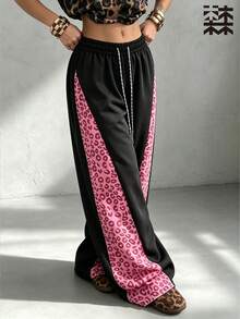 mulinsen Women's Straight Leg Sweatpants, Elastic Drawstring Waist, Pink Leopard Print Side Stripe Casual Joggers - Baby Pink - View 5