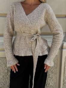 Fashionable Women's Knitted Wrap Cardigan, Ruffle Hem, V-Neck Long Sleeve Tie Sweater, Suitable For Spring - Apricot - View 7