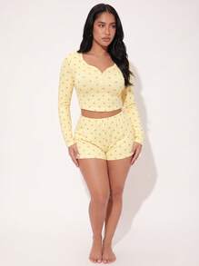 2pcs Women's Round Neck Cropped Long Sleeve Top + Elastic Waist Shorts Pajama Loungewear Set - Yellow - View 5