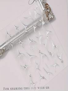 2pcs Autumn Rhinestone Silver Foil Embossed Nail Stickers, Shiny Long And Short Nail Decals - Silver - View 3
