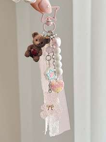 Cute Resin Bear Bag Charm,Lace Ribbon Heart Star Beaded Keychain,Sweet-Style Bag Charm,Aesthetic Backpack Pendant,Girls Sweet Accessory Gift - Multicolor - View 8