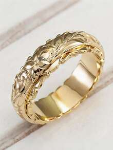 1pc Women's Vintage Engraved Floral Band Ring, Suitable For Wedding, Anniversary, Party Wear, Birthday Gift. No Box. - Gold - View 2