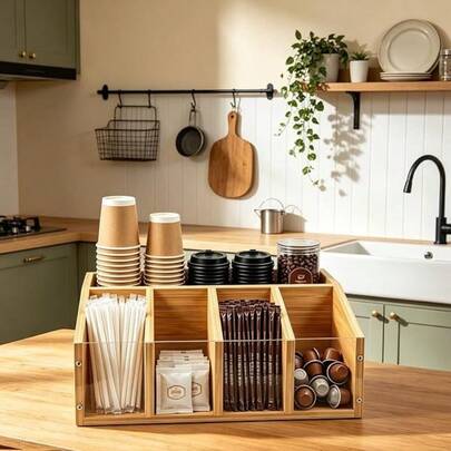 XFHSZ Bamboo Coffee Station Organizer, 6‑Compartment Countertop Coffee Bar Accessories Storage Caddy, No Assembly Required Coffee Condiment Holder For Tea Bags, Coffee Pods, Cups, Strawbars, Home & Cafe Use