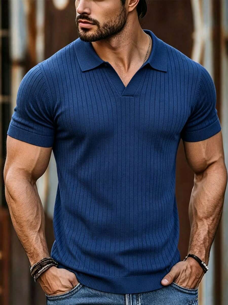 Men's Summer Knit Polo Shirt, Solid Color Short Sleeve, Suitable For Summer Outings, Fashionable Essential - Navy Blue - View 1