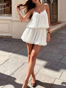 Women Summer Fall White Cami Tiered Mini Dress, V Neck Smocked Ruffle Layered Cake Dress For Vacation Date Music Festival Party Outfits - White - View 3