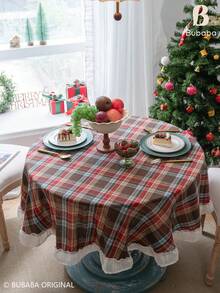 Christmas Plaid Round Tablecloth With Ruffled Edge, Vintage Tartan Table Cover For Holiday Dining Table, Farmhouse Christmas Kitchen & Home Decor - coffee color - View 8