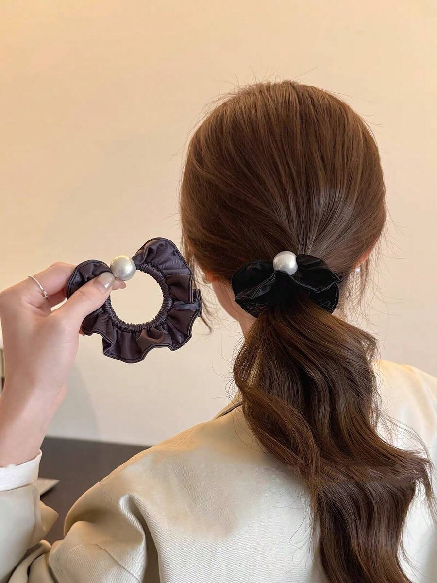 1pc Ruffle Edge Pearl Gentle Luxury Style Satin Fabric Scrunchie, Spring/Autumn High Elasticity Non-Damaging Simple Hair Tie - Multicolor - View 1