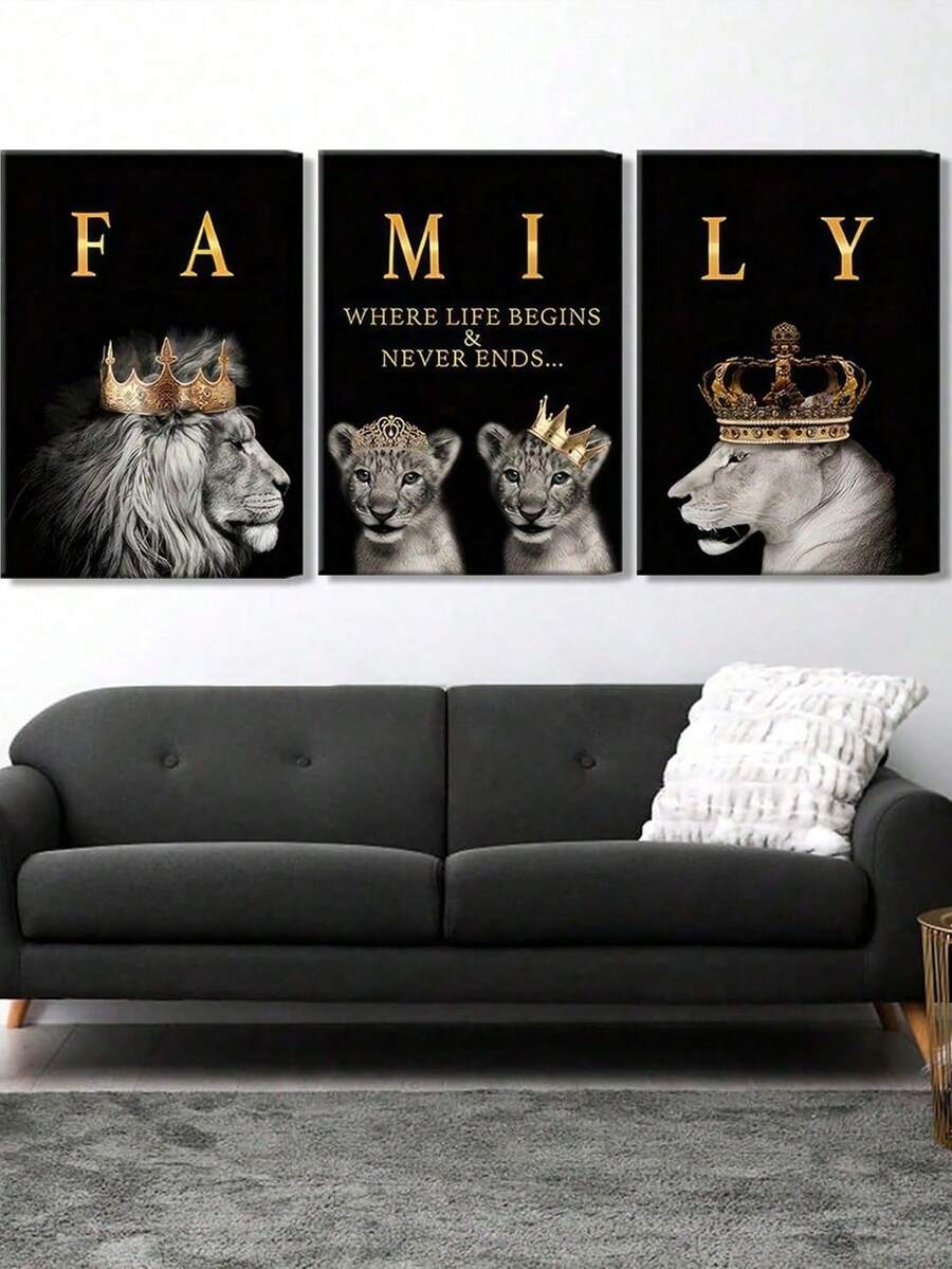3pcs Modern Abstract Lion Family Inspirational Quote Canvas Wall Art, Suitable For Living Room Decor, Room Home Decor Aesthetic Canvas Wall Art Poster, Optional Frame, Bedroom Wall Decoration Ornament - Multicolor - View 1