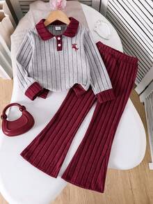 2pcs Young Girls Casual Retro Preppy Style Pony Embroidery Contrast Color Polo Collar Ribbed Long Sleeve POLO Shirt & Flared Pants Set, Spring/Autumn Back To School Daily Outfit - Burgundy - View 1