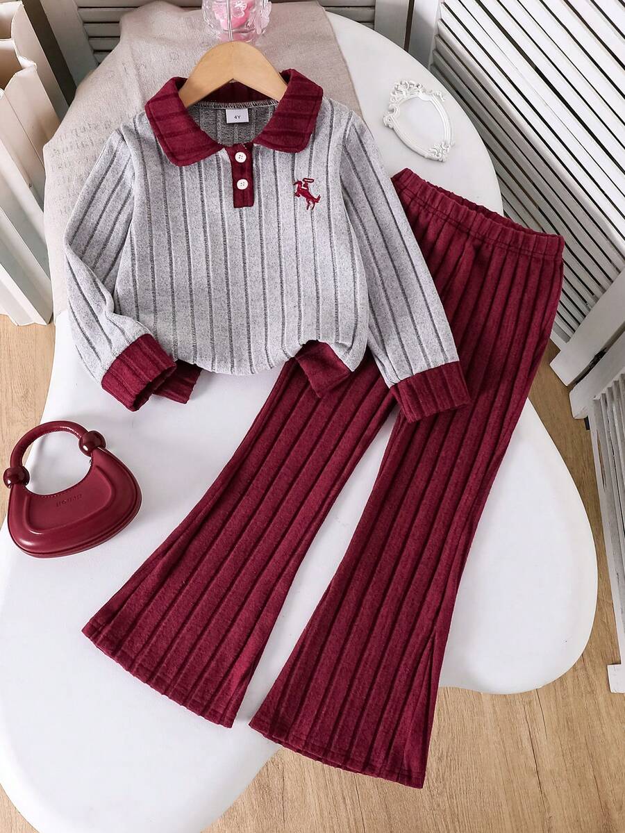 2pcs Young Girls Casual Retro Preppy Style Pony Embroidery Contrast Color Polo Collar Ribbed Long Sleeve POLO Shirt & Flared Pants Set, Spring/Autumn Back To School Daily Outfit - Burgundy - View 1