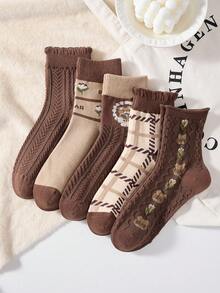 5 Pasang Kaos Kaki Cokelat Kopi Setengah Betis dengan Motif Beruang dan Bunga, Desain Rajutan Kabel, Elegan, Anti Selip, dan Nyaman, Cocok untuk Musim Gugur/Musim Dingin - MultiWarna - View 3