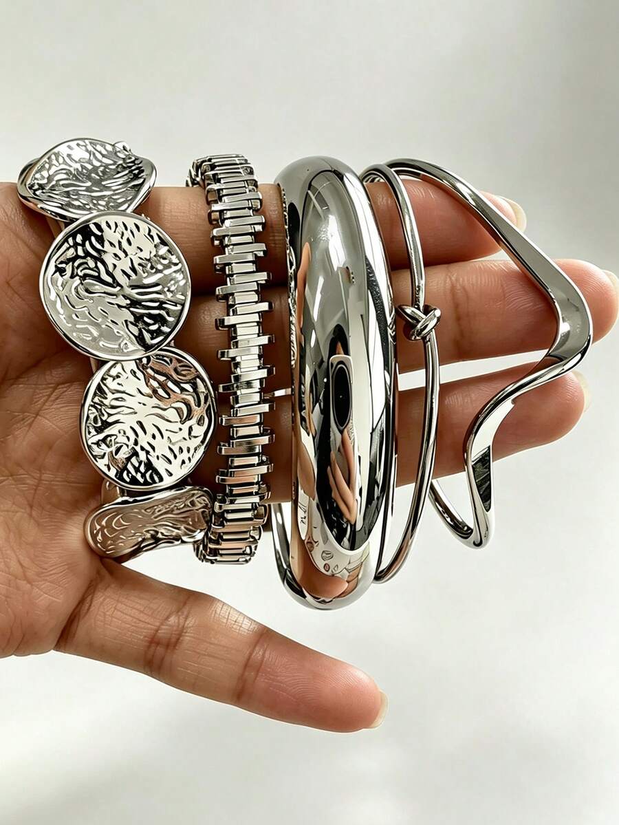 5pcs Vintage Casual Fashion Geometric Disc Hammered Textured Twisted Asymmetrical Wavy Bracelet Set Suitable For Women Daily Wear, Vacation And Holiday - Silver - View 1
