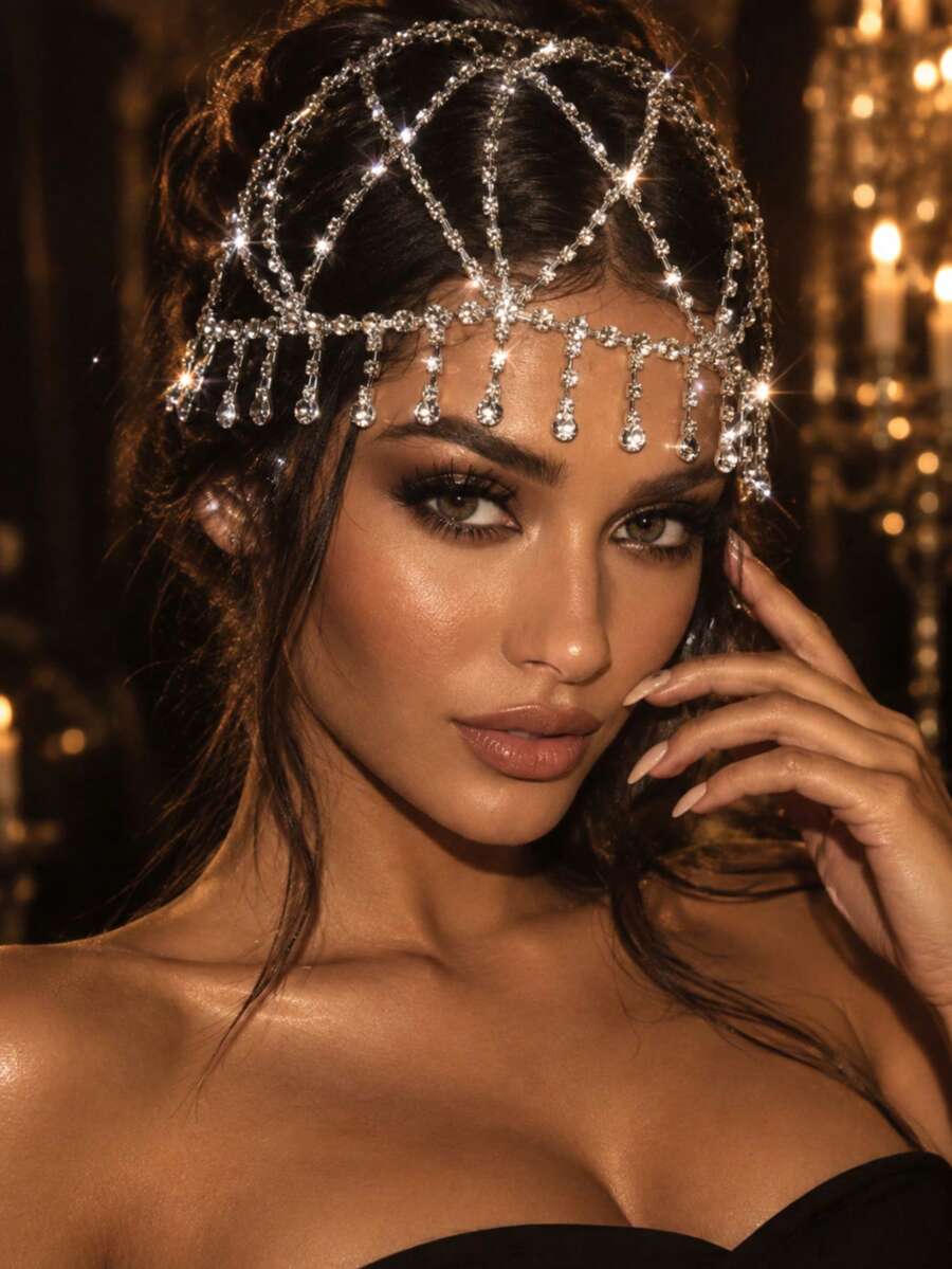 Bohemian Fashion Multi-Layer Tassel Rhinestone Hollow Head Chain, Glamorous Banquet Ball Women's Shiny Jewelry Accessory - Silver - View 1