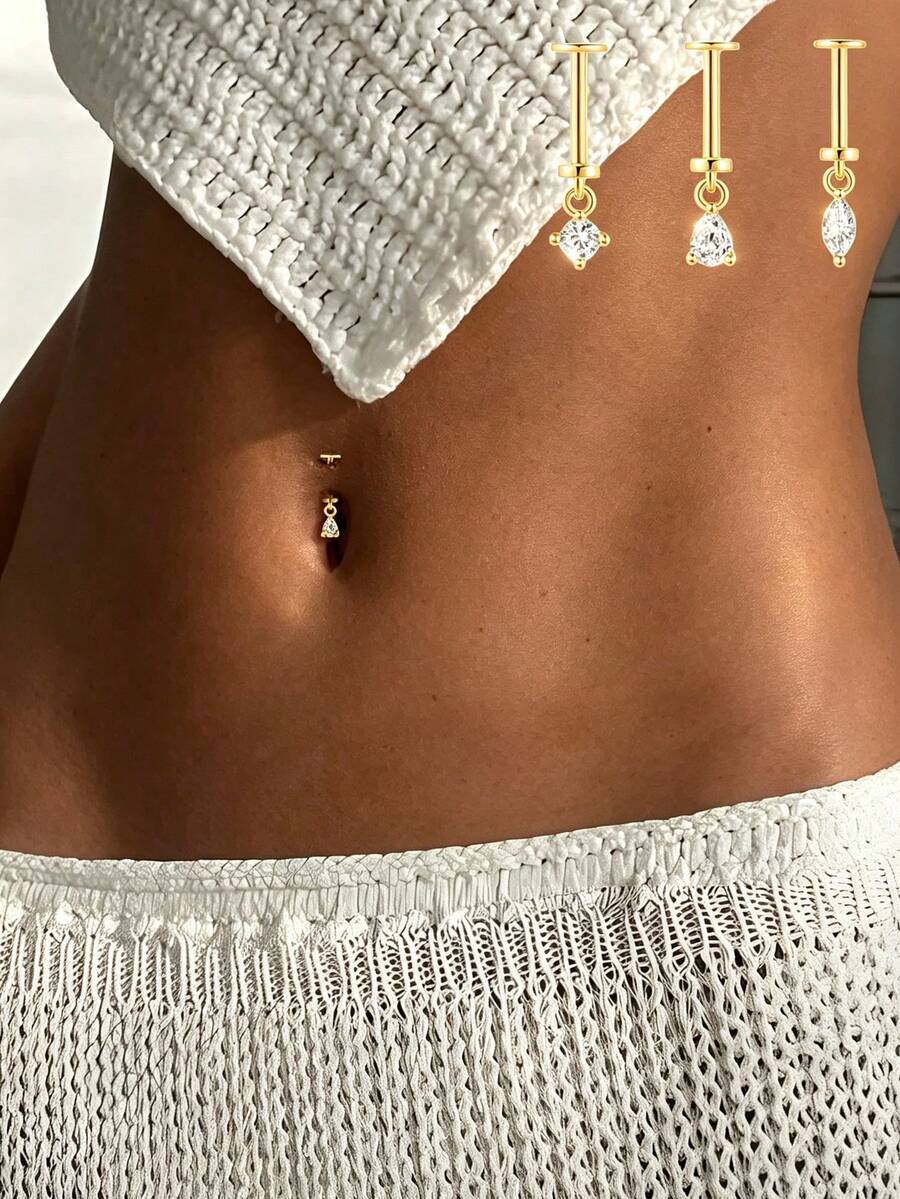 1 Set 925 Sterling Silver Round Zirconia Navel Nail With Round Spring Screw-Clasp, Daily Wear, Perfect Gift - Single - View 1