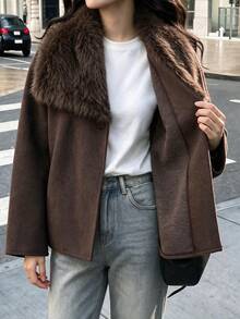 Brown Double-Sided Wool Oversized Drop Shoulder Short Jacket With Large Collar, European Vintage Street Urban Date Wear, Autumn/Winter - Coffee Brown - View 2