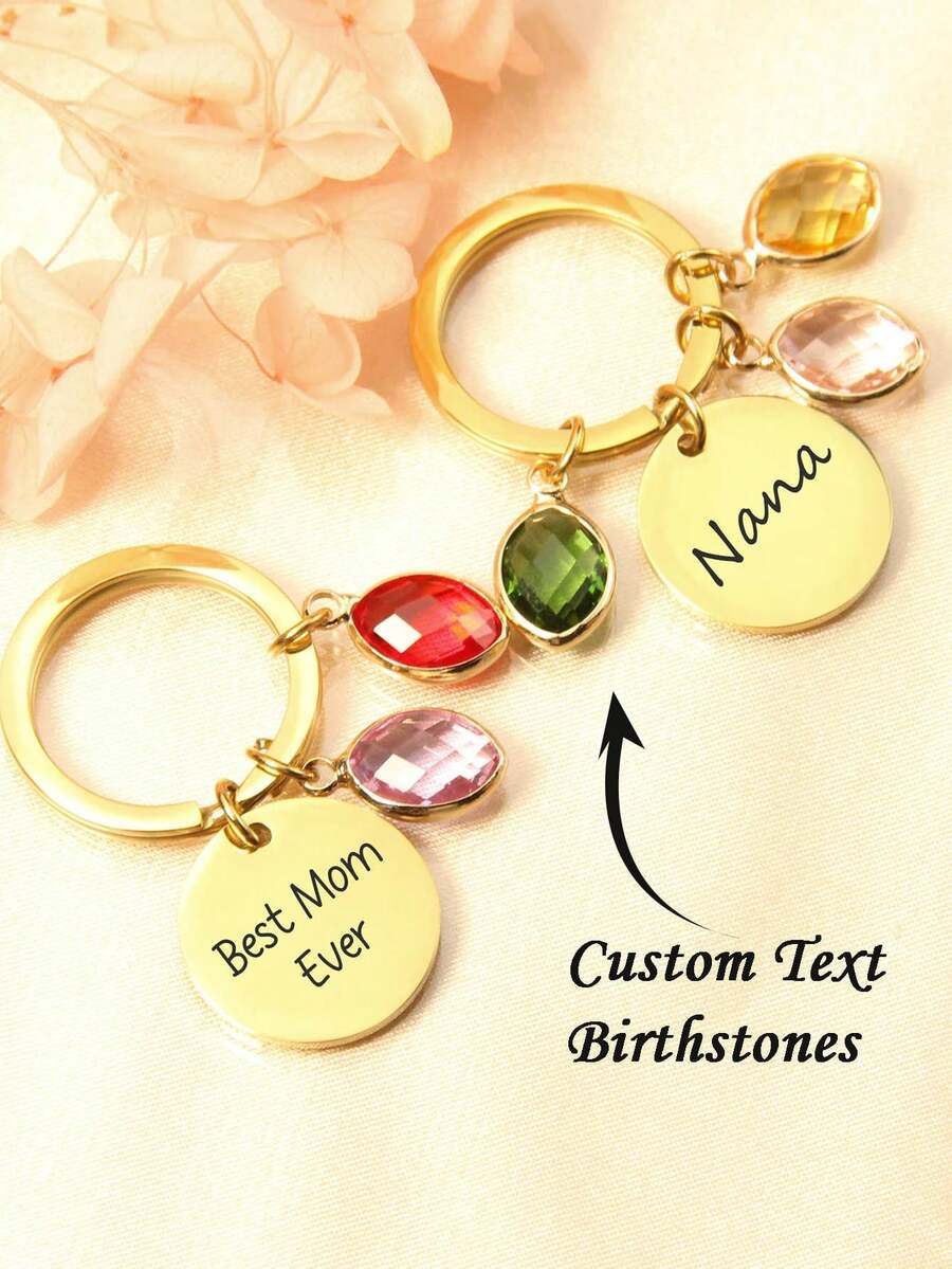 Personalized Keychain With Birthstone, Keychain As Mom Birthday Gift, Personalized Mother's Day Gift, Mom Keychain For Her, Romantic Customized Birthstone Round Pendant Keychain, Bag Charm, Women's Car Accessory, Personalized Item - Multicolor - View 1
