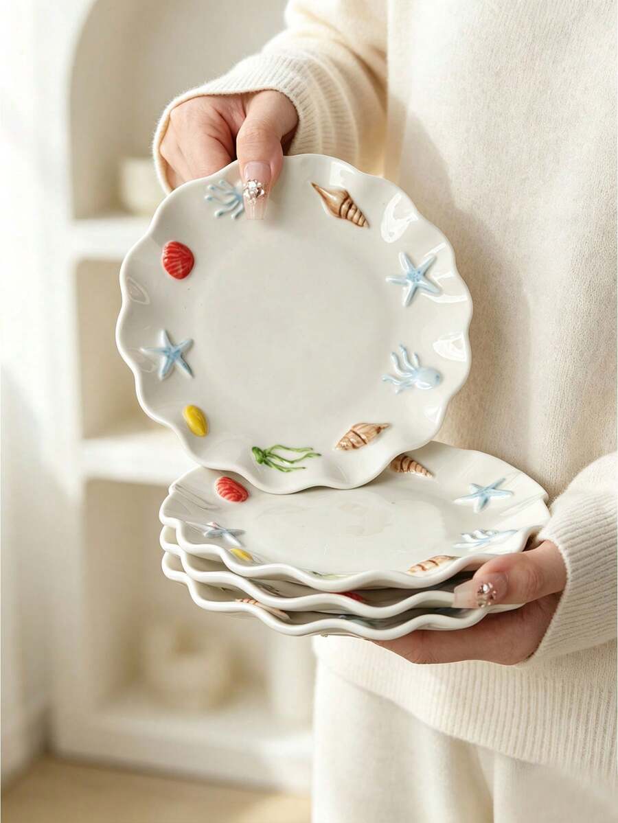 4pcs/2pcs/1pc 3D Embossed Ocean Shell Ceramic Plate, 6-Inch Ins Style Wave Starfish Conch Dessert Plate, Highly Attractive Asymmetrical Scalloped Edge Fruit Salad Plate, Cake Plate, Jewelry Storage Dish, Photography Prop