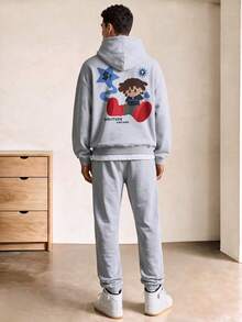 Voidago WHITE SHARK Men's Spring Fashionable Versatile Heather Gray Hoodie With Casual Sweatpants Set - Grey - View 2