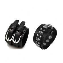 2pcs Black Motorcycle Style Fashion Punk Bracelet Set, Suitable For Men's Daily Riding And Outdoor Fashion Wear, Exquisite Bracelet Gift Set For Men - Black - View 7
