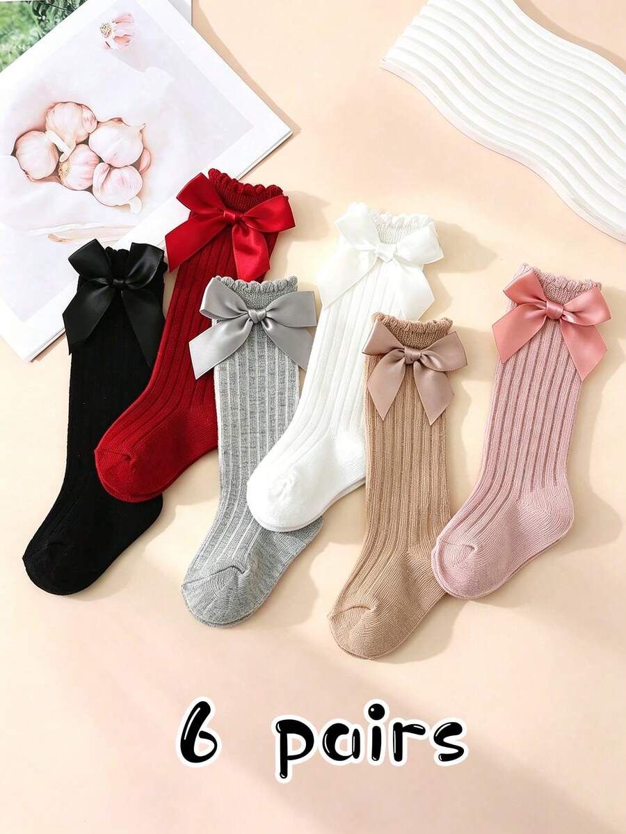 6 Pairs Girls Solid Color Bow Decor Ribbed Mid-Calf Knee-High Socks, Versatile Daily Wear JK Style - Multicolor - View 1