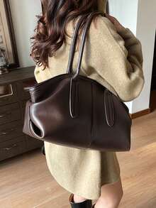 Tas Tote Wanita Bergaya Retro, Tas Bahu Komuter Kapasitas Besar, Tas Tangan Kasual Desainer untuk Kerja dan Belanja - Kopi - View 5