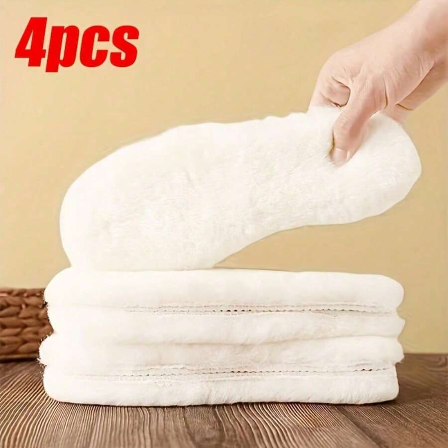 4pcs/2pairs Thickened Plush Warm Insoles, Winter Thermal Lined Ultra Thick Cold-Resistant Breathable Sweat-Absorbent Comfortable Soft Bottom - 2 Pairs White - View 1