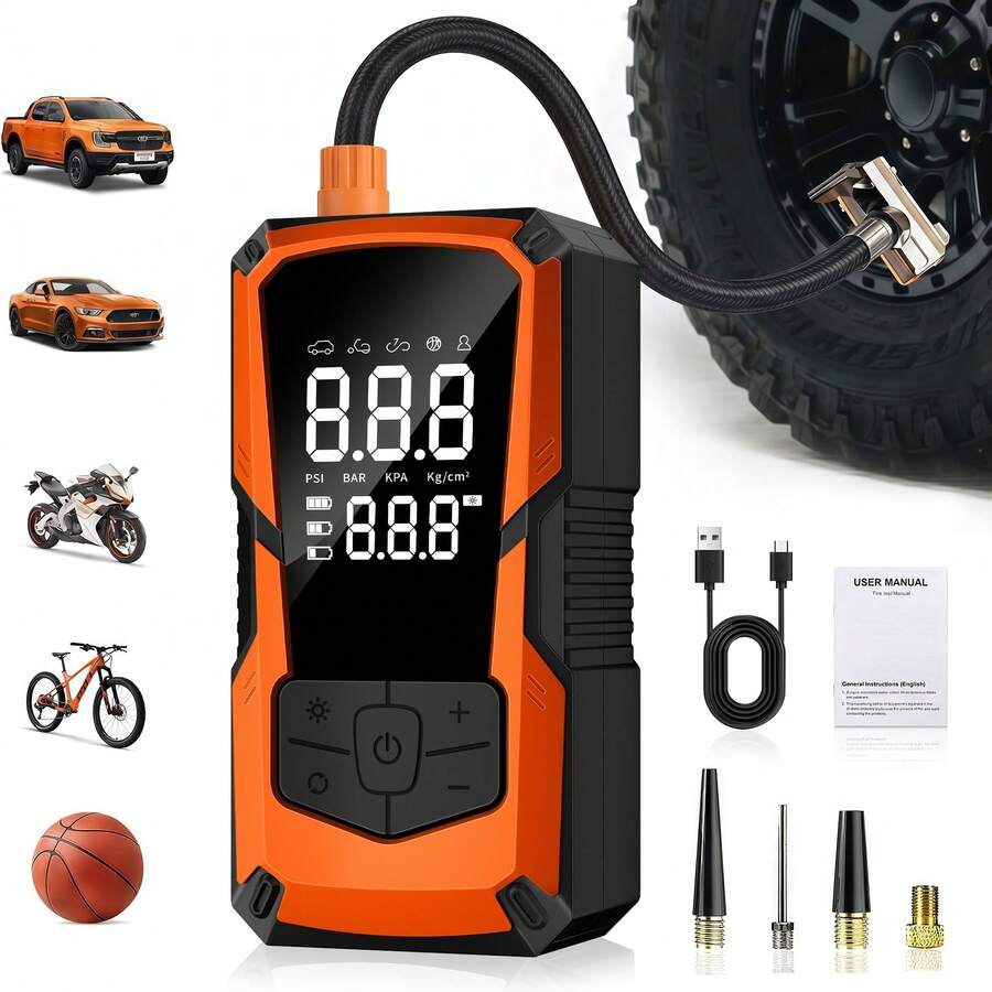 1PC Cordless 3X Faster Inflation 150PSI Portable Tire Inflator Air Compressor With Gauge & LED Light, Electric Air Pump For Car, Motorcycle, Bicycle And Ball