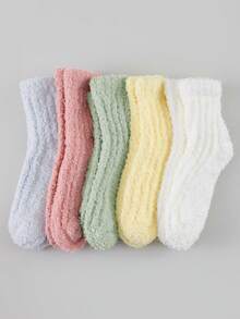 1/3/6/10 Pairs Random Women's Coral Thermal Lined Thickened Contrast Color Cuff Comfortable Warm Sleep Mid-Calf Socks - Multicolor - View 4