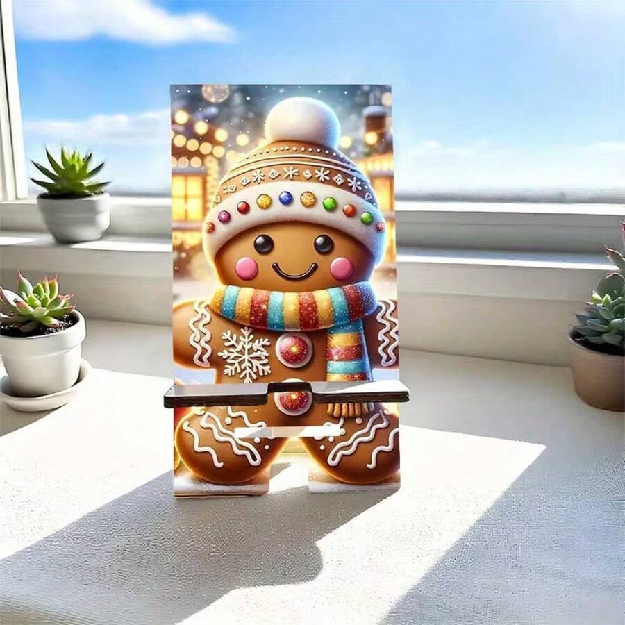 1 مجموعة حامل هاتف متعدد الوظائف بتصميم رجل الزنجبيل لعيد الميلاد، تصميم خشبي، قابل لتعديل الارتفاع، تشغيل بدون استخدام اليدين، مثالي للمنزل والمكتب - 1PC - مشاهدة 1