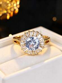 1pc Vintage Sunflower Design Ring, Large Main Stone Sparkling Zirconia Inlaid Accessory, Daily Layering Index Finger Ring, Suitable For Daily Wear - Ring - View 12