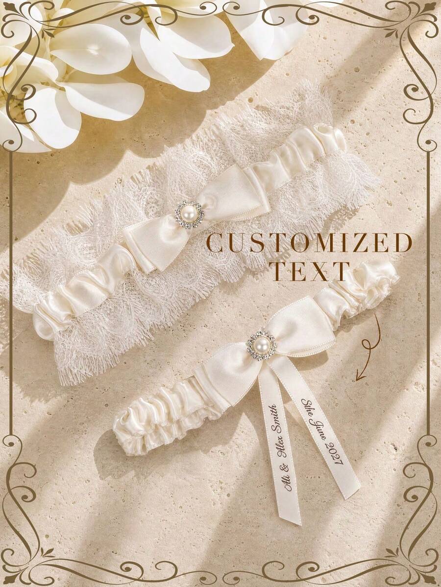 Personalized Bridal Wedding Garter, Customized Name & Date, Blue Lace Bridal Keepsake, Handmade Gift - Multi-color - Pearl Sock Garters - View 1